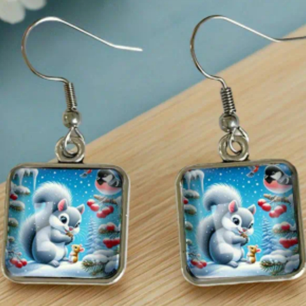 Winter christmas Gift earrings Holiday square Squirrel Mouse animal print‎